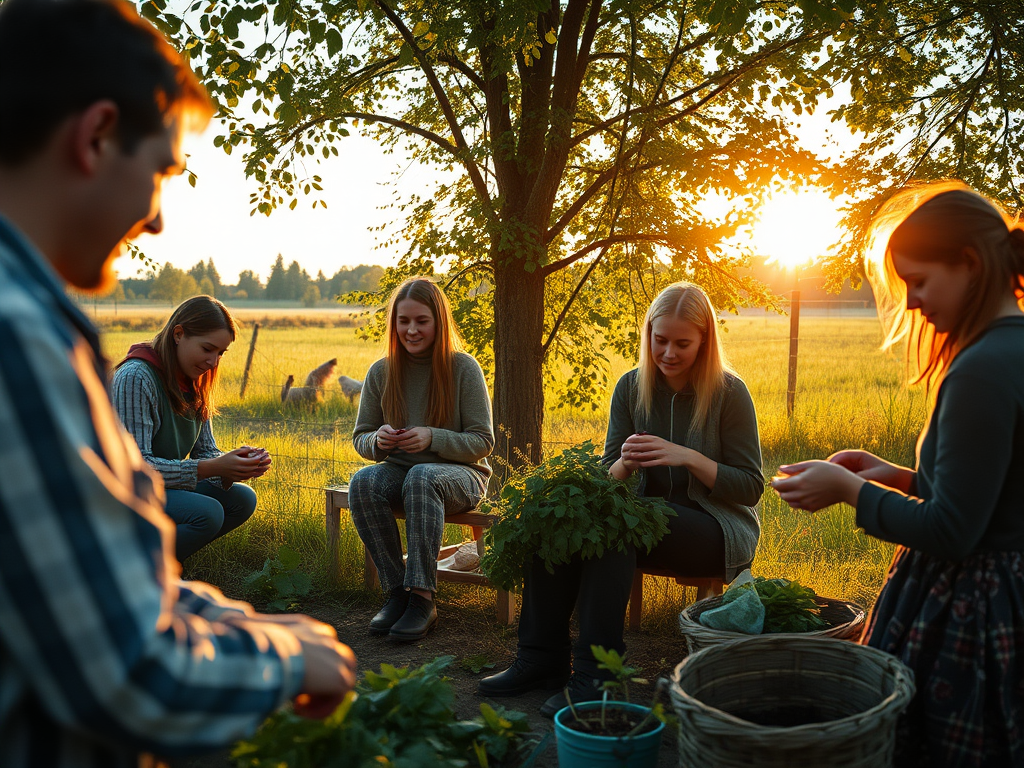 Ihmisiä pihalla puhdistamassa kasveja auringon laskiessa, lämmin valo luo rauhallisen tunnelman.