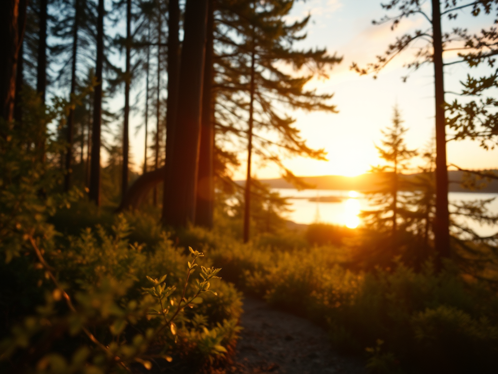 Rauhallinen ympäristö, jossa metsä, polku ja luonnon valo luovat harmonisen ja rentouttavan tunnelman.