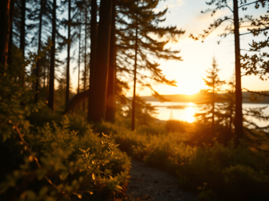 Rauhallinen ympäristö, jossa metsä, polku ja luonnon valo luovat harmonisen ja rentouttavan tunnelman.