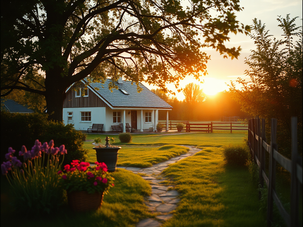 Kuvassa on rauhallinen maalaismaisema ja pihapiiri aamulla.