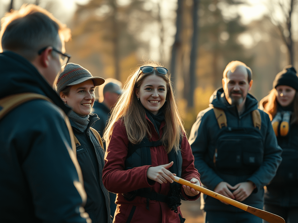 Kuvassa syysvaatteissa ihmisiä, joista keskimmäisellä punainen takki.
