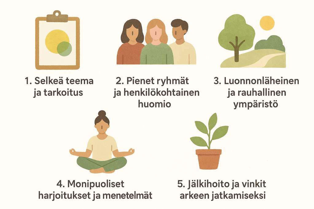 Infograafi viidestä keskeisestä seikasta hyvän retriitin valintaan, mukaan lukien selkeä teema, pienet ryhmät, luonnonläheisyys, monipuoliset menetelmät ja jälkihoito.